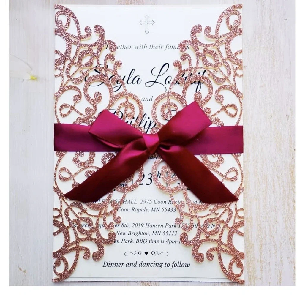 20x Laser Cut Lace Flora Wedding Invitation Cards with Ribbon Bow and Envelop...